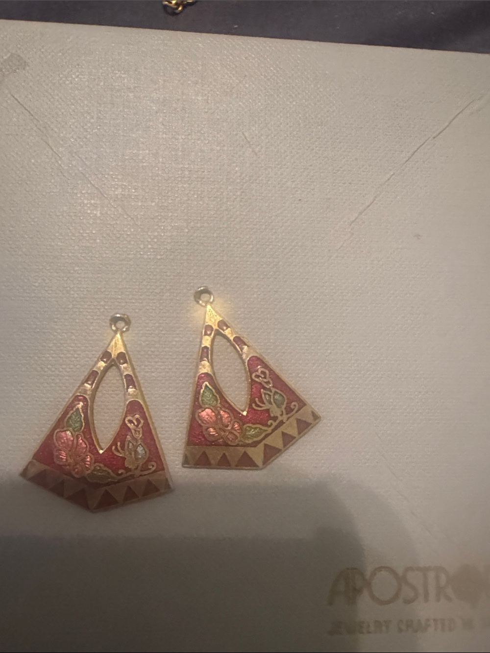 Gold-Tone Red Floral Triangle Drop Earrings